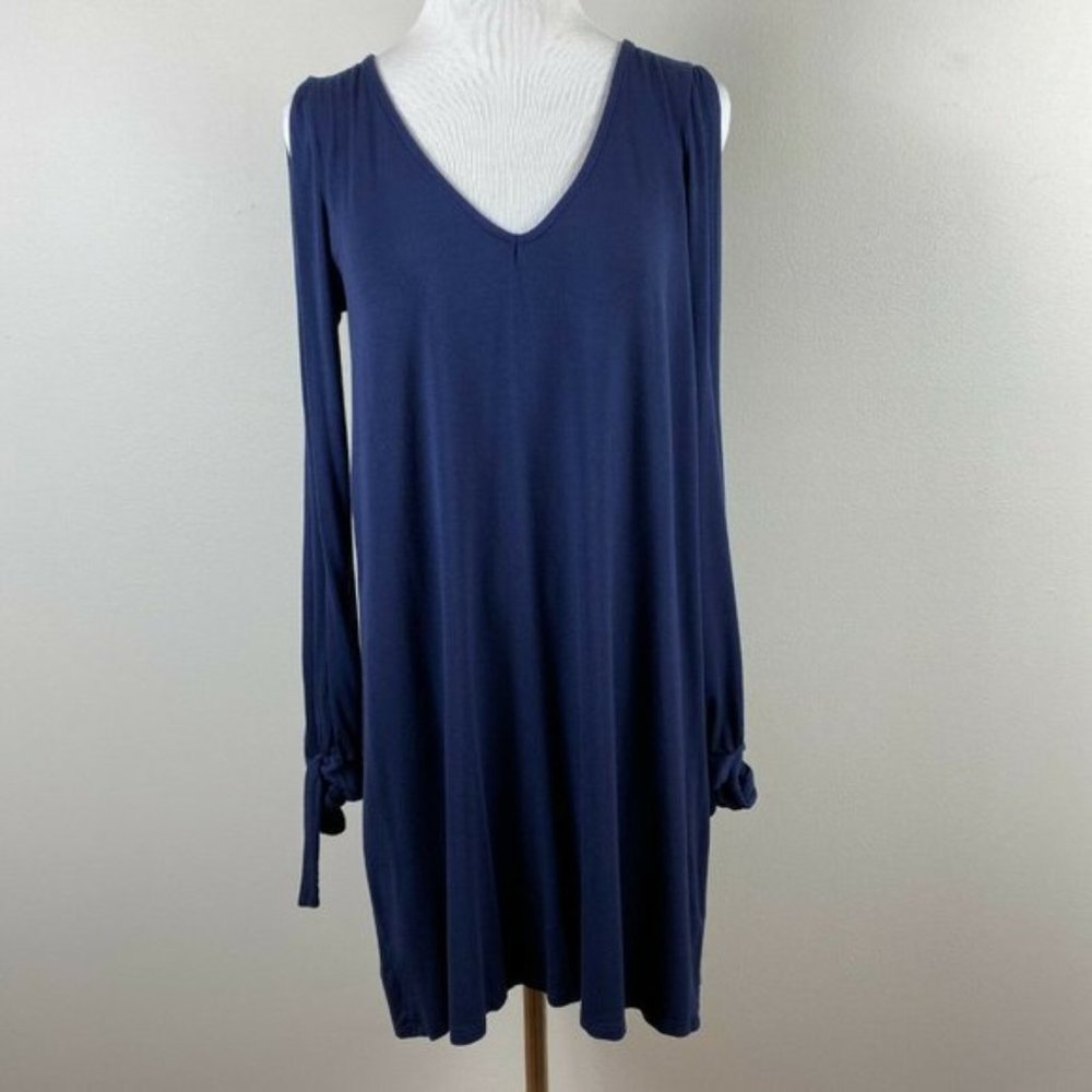 Lulus Dress M Shift Long Split Sleeve Tie Cuff Tunic Navy Blue V-Neck‎